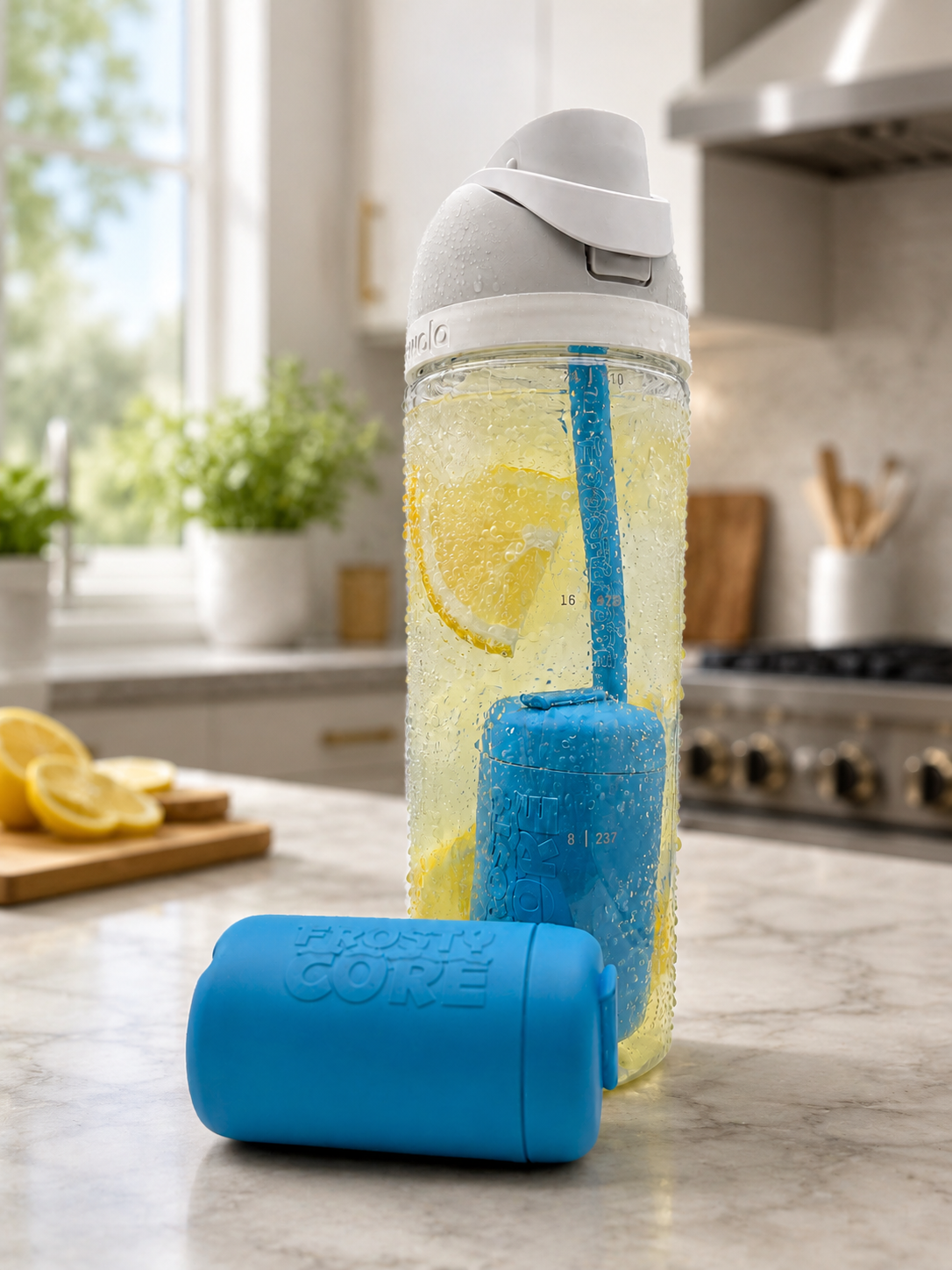 A clear insulated water bottle with a white lid stands on a kitchen counter, filled with lemon slices and carbonated liquid. A Frosty Core Cooling Core and blue straw are inside the water bottle and another Frosty Core is sitting on the counter.
